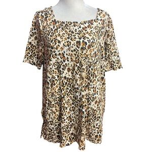 Chico's Leopard Animal Print Square Neck Short Sleeve Shirt Tunic Pockets Size M